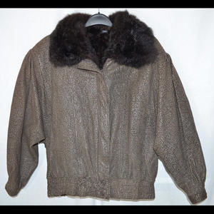 Leather Bomber Jacket Zip-Out Opossum Fur Lining Vest Brown Pattern Women's L